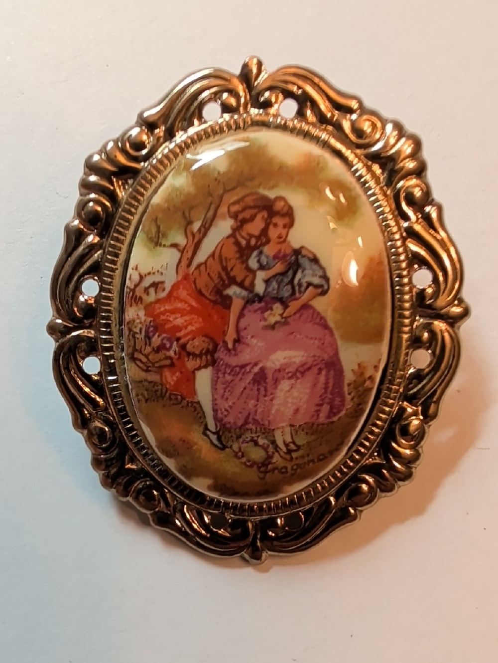 Vintage Gold-tone Romantic Couple Porcelain Brooch with Pink and Blue Accents